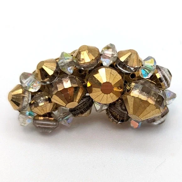 Hobe Gold Beaded AB Aurora Borealis Crystal Crescent Earrings Signed Vintage - Picture 3 of 10